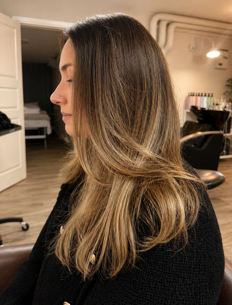 Mjuk balayage med bruna slingor och naturliga vågor utförd av Hair by Isabelle i Aneby.