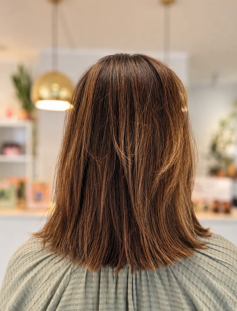 Stilren brun pageklippning med naturliga skiftningar hos Hair by Isabelle i Aneby.