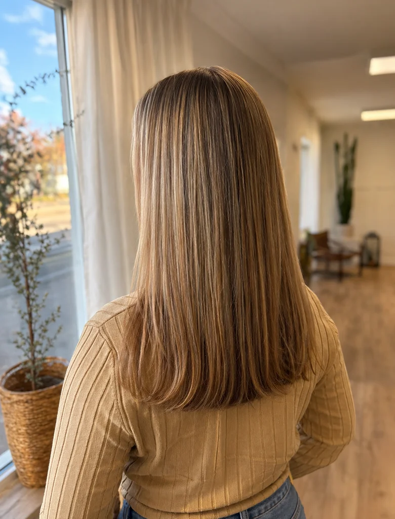 Varmljusa honungsblonda slingor på axellångt hår hos Hair by Isabelle i Aneby.