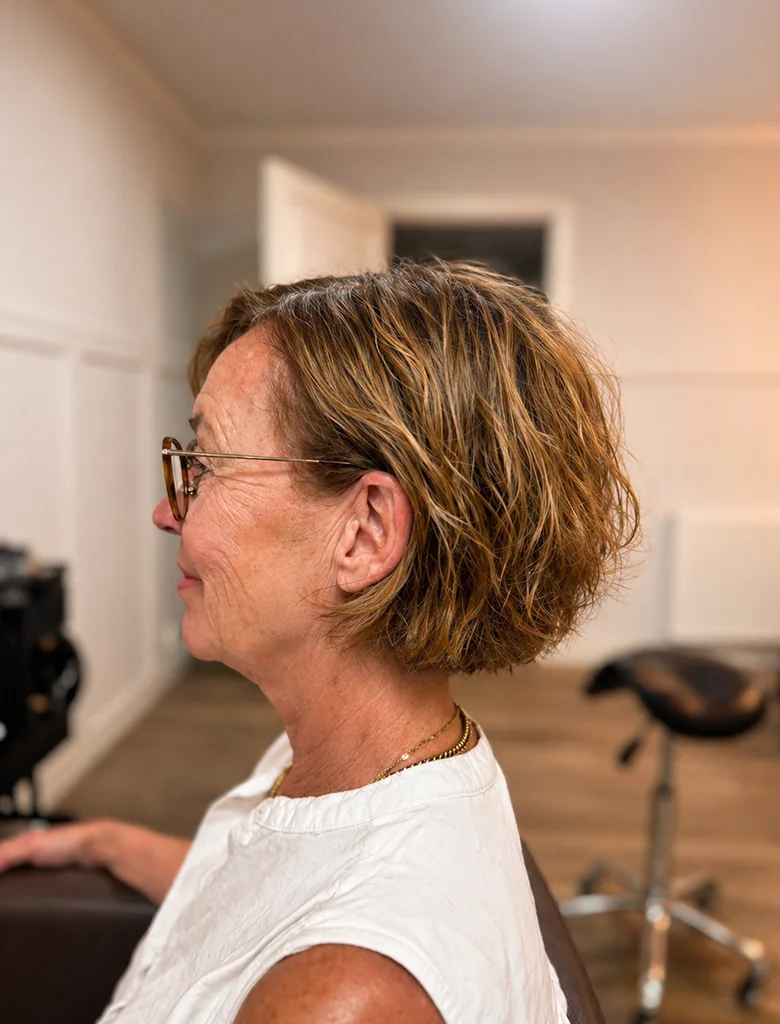 Klassisk kort bob-klippning med naturlig textur utförd av Hair by Isabelle i Aneby.