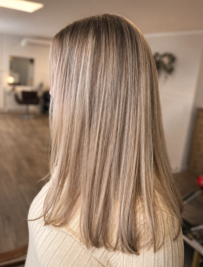 Kalla blonda slingor på en axellång page hos Hair by Isabelle i Aneby.