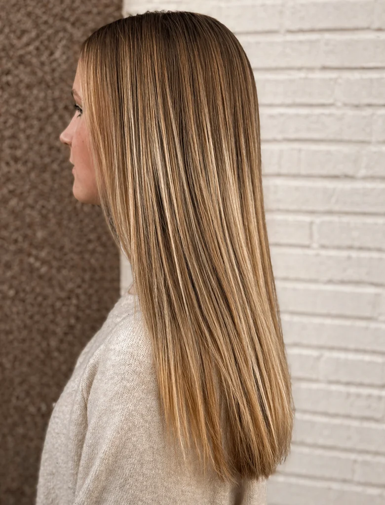 Klassiska ljusa slingor i ett långt rakt hår för en naturlig look hos Hair by Isabelle i Aneby.