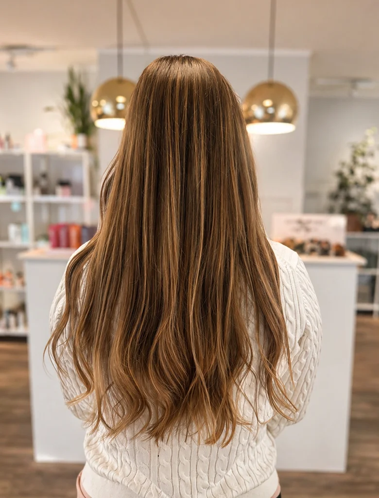 Naturlig ljusbrun balayage med mjuka vågor i långt hår hos Hair by Isabelle i Aneby.